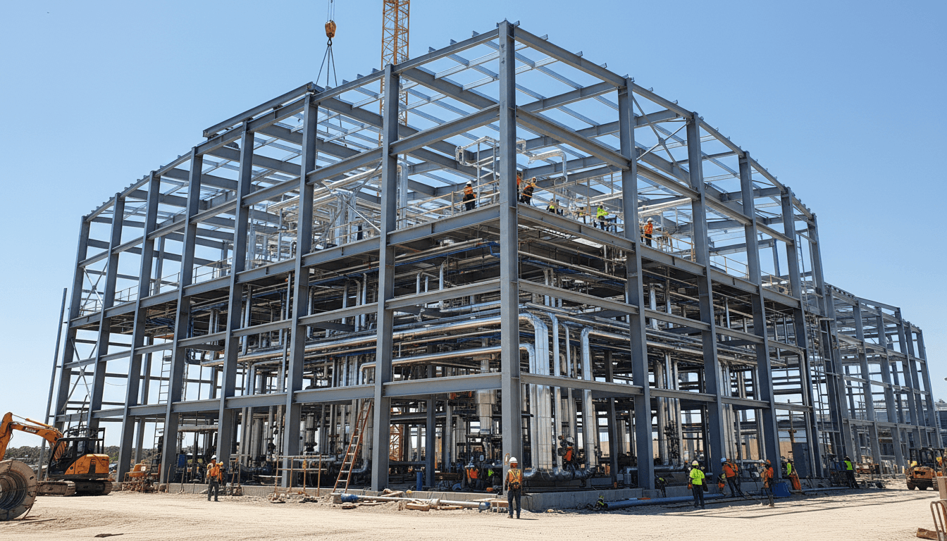 Industrial construction site with steel framework and piping installation